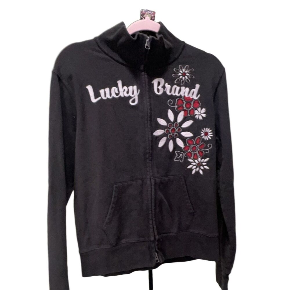 Lucky Brand Dungarees America Women's XL Black Zip Up Hoodie Embroidered Floral